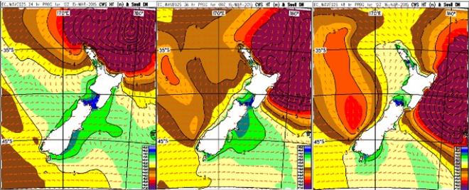 Significant combined waves in metres for midnight Sunday 15 March (left), midday Monday 16 March (middle) and midnight Monday 16 March (right) - Tropical Cyclone Pam © MetService
